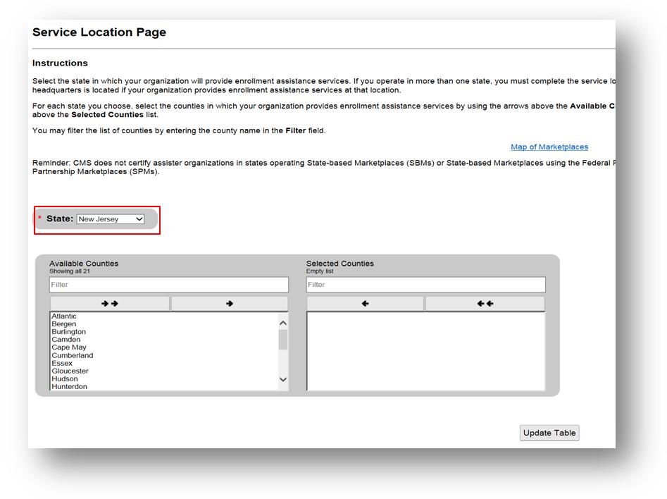 Service Locations Figure 20: Service Location Page State Selection 2.