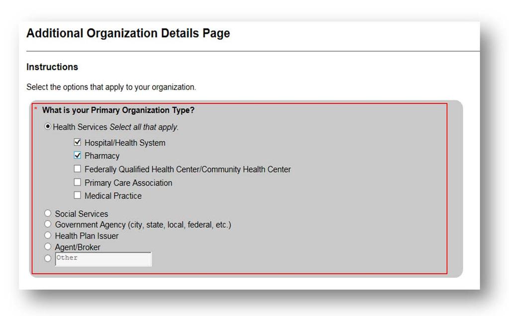 Additional Organization Details 8. Additional Organization Details The Additional Organization Details page allows you to provide information about the type of work your organization performs. 1.