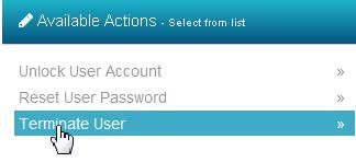 4. Click on the user name to display the Available Actions box to the right. 5. Click on Terminate User. 6. To abandon the changes, click the X or the Close button.