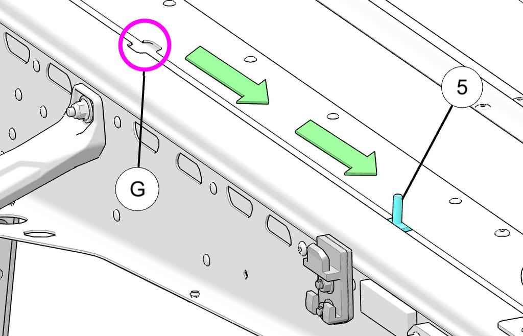 5. Place screw t in the T slot (G) and slide towards rear rack mount plate location as shown.