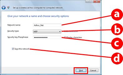 Using Product via Network G See the following table to make your settings, and then click Next. a b c d H I J Network name (SSID): enter a name using any of the following characters. 0123456789!