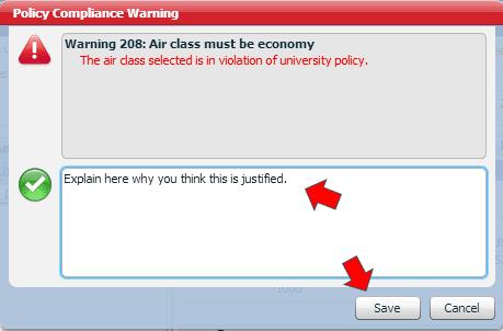 After clicking on the Red Warning Icon, you will be asked to justify why your expense did not comply with BGSU Policy. The policy you have not complied with will always be in the top box.