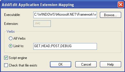 If.svc is not among the extensions list, click on Add and enter the following data in Executable (C:\WINDOWS\Microsoft.NET\Framework\v2.0.50727\aspnet_isapi.