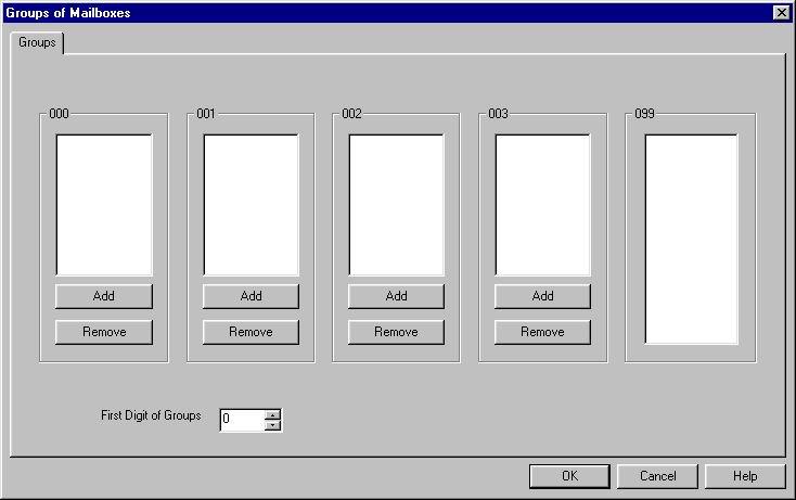VUP Programming 3-27 Figure 3-18: Groups of Mailboxes Dialog 2. Set up to four groups of mailboxes for addressing simultaneously by dialing the group number.