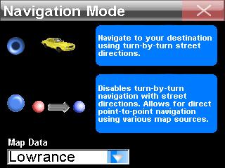 Press the NAVIGATION MODE button and the Navigation Mode screen will appear. Options Page 1, left, and Navigation Mode screen, right.