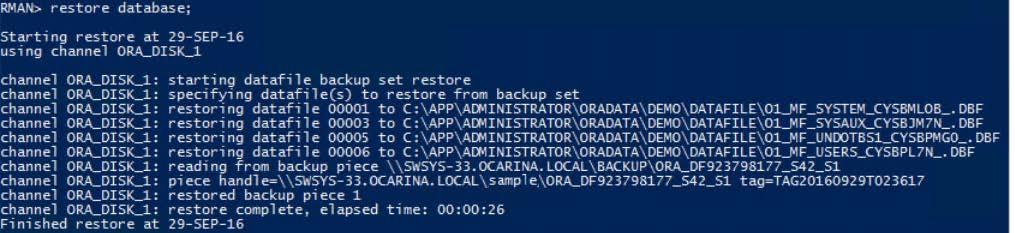 Performing an RMAN restore of archive logs from DR Series system images RMAN> RESTORE ARCHIVELOG ALL; Starting restore at 29-SEP-16 using channel ORA_DISK_1 channel ORA_DISK_1: starting archived log