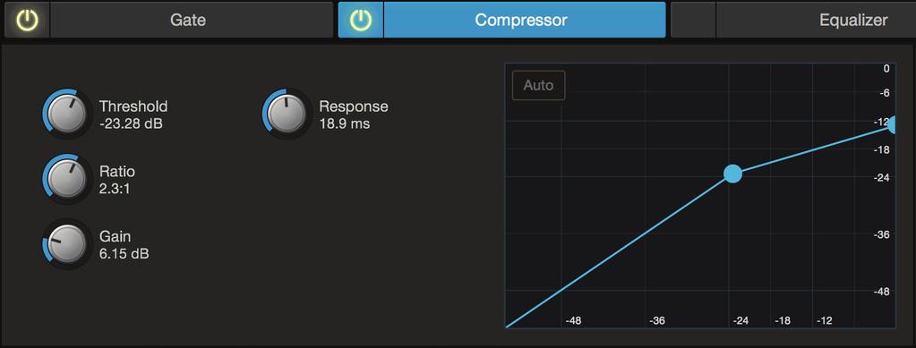 5 UC Surface Mix Control Software 5.2 Fat Channel Controls 5.2.4 Compressor To view the controls for the Compressor, click on the Compressor tab. 1 2 3 4 5 6 7 1. Compressor On/Off.