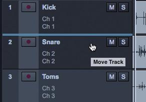 time position. To defeat this snapping, hold Shift while dragging the event up or down. Rearrange Tracks.