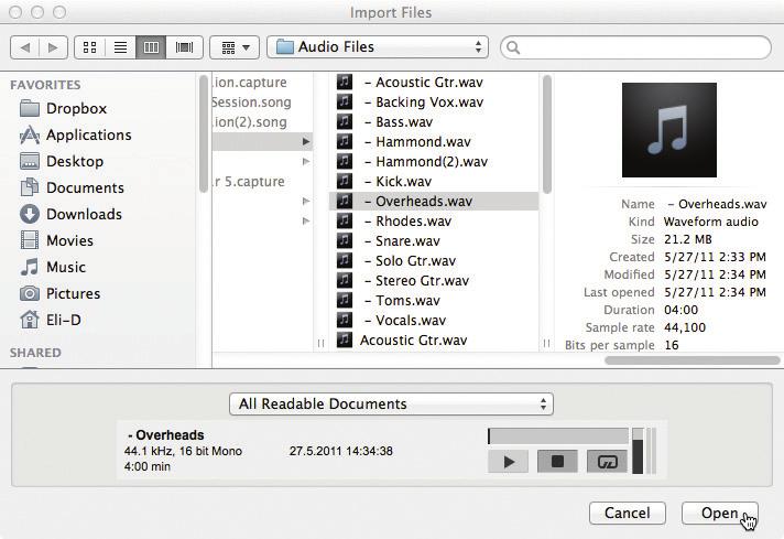 7 Capture 7.7 Importing and Exporting Audio Files 2. Browse to the desired file and click on it to select it. 3. Click on Open to import the file into your Session. 4.