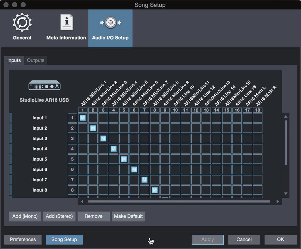 8 Studio One Artist Quick Start 8.3 Creating a New Song 3. From the Inputs tab, you can enable any or all of the inputs on your StudioLive mixer that you d like to have available.