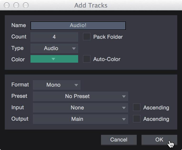 In the Add Tracks window, you can customize the track name and color, add a preset rack of effects, and set the physical source for the input and output of your audio tracks.