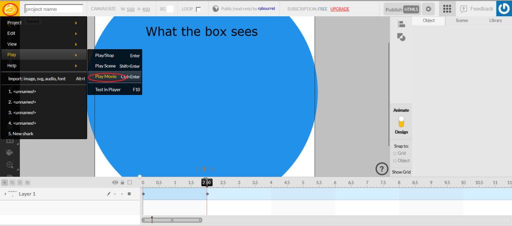 4. Set the playhead to 0.0, draw a ball in the center of the screen and write What the box sees across the top of the canvas. 5. Move the playhead to 2.