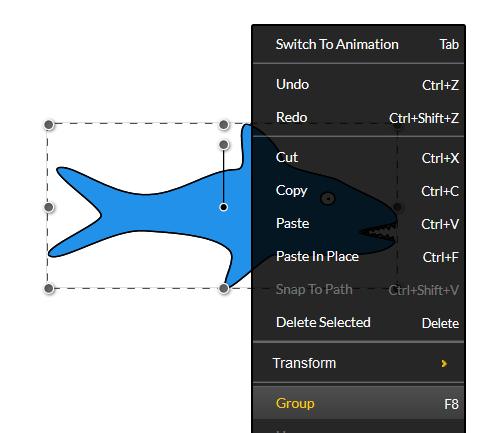This will select everything in the box: the shark, its eye, and its teeth: 4. Right-click on the shark and select Group from the pop-up menu.