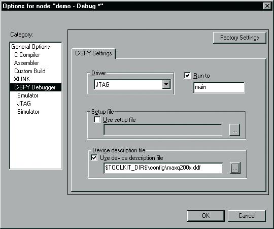 In the General Options tab of the Options dialog box, the following settings should be selected for the MAXQ2000 microcontroller.