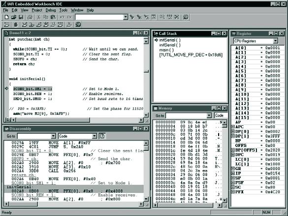 The memory display can be set to byte, word, or doubleword format, and displays in both hex (for all widths) and ASCII (for byte width) formats.