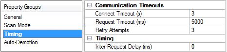 16 occurs. Connect Timeout (s) This property specifies how long the device waits for a connection request to complete before timing out. The valid range is 1 to 30 seconds.