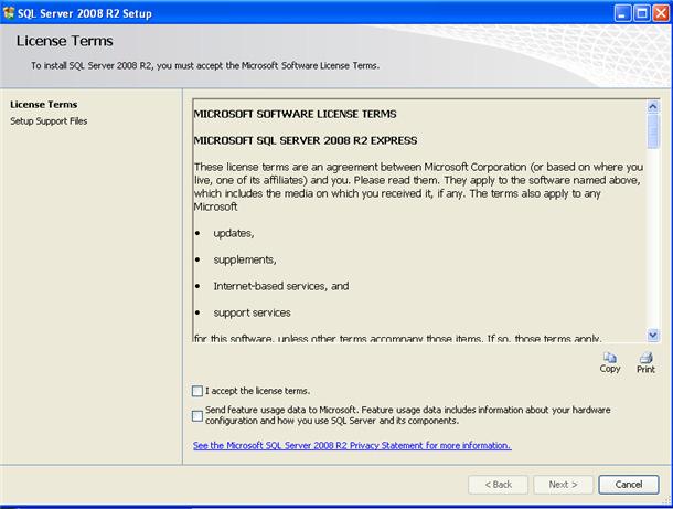 Step-by-Step Instructions SQL Server 2008 Insert the SQL Server CD or DVD Accept the license terms, then click Next. SQL Server Installer analyzes your system.