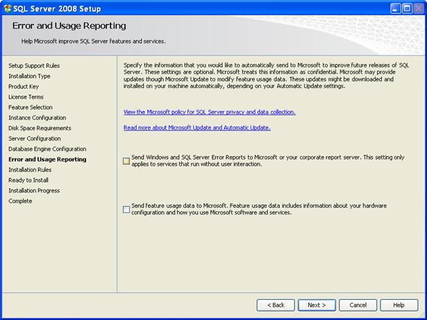 Error Reporting. Click Next on this screen unless you want to be notified by email of errors encountered by SQL Server.