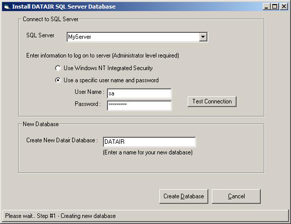 Select Install a new DATAIR database on a server. Select OK to begin searching for SQL Servers on your machine and on your network. You will see a list of servers flashing by on your screen.