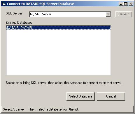 : After selecting a Server, a list of DATAIR databases appears in the Existing Databases list.