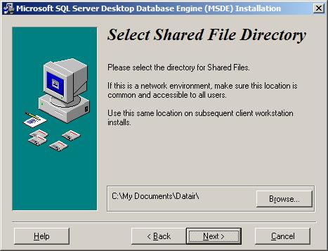 Next, you are asked for a Shared Files Directory. If you have installed a previous version of this software, the directory will already be filled in correctly.