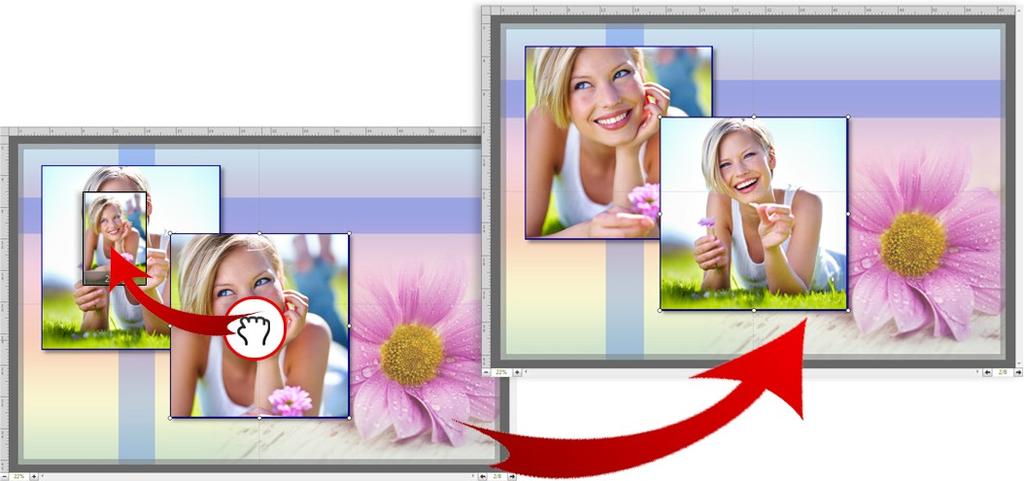 4.1.5 Swap Photo Click on the photo object by the mouse and hold for a second the cursor the closed hand icon appear. Drag the photo onto other photo object. The photos are swapped. Important!