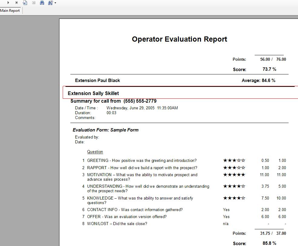 d) The other option currently is a Call Score Report. This will provide a print out of each call scored and the results for each agent. This can then be printed or exported.