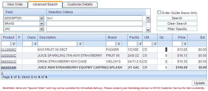 Searching For Items Several options are available to locate items within order history or within the full EVCO catalog.