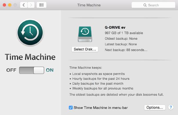 The following steps will quickly set up G-DRIVE ev with Time Machine. 1. When you attach G-DRIVE ev for the first time, the Time Machine dialog box should automatically appear.