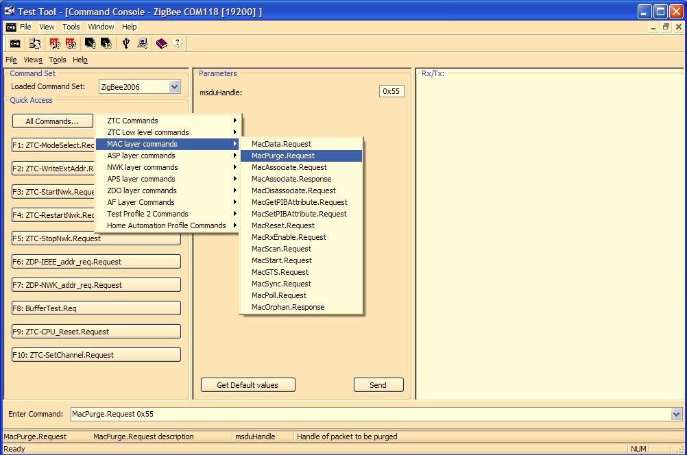 Command Console As shown in Figure 2-10, sub-sequent fields of the Status bar now display the parameter selected in the current command. In this case, the command is MACPurge.