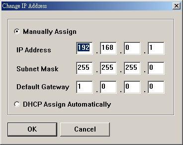 Control Buttons - Change IP Address: Click this button to bring up the following dialog