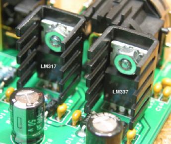 24. Using the hardware supplied, attach heat sinks to U5 and U6 and solder them in place. Make sure to install the regulators correctly! These parts are not the same, and are not interchangeable. 25.