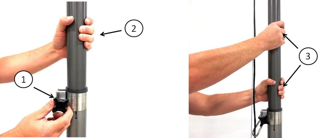 IMPORTANT (1) Slightly loosen the black knob with one hand while (2) holding the next pole up with your second hand.