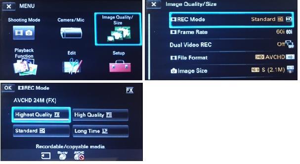 In the Setup menu 1) Select Setup 2) Select Power Save 3) Select Off Set Record Quality to HD 1) Select Image
