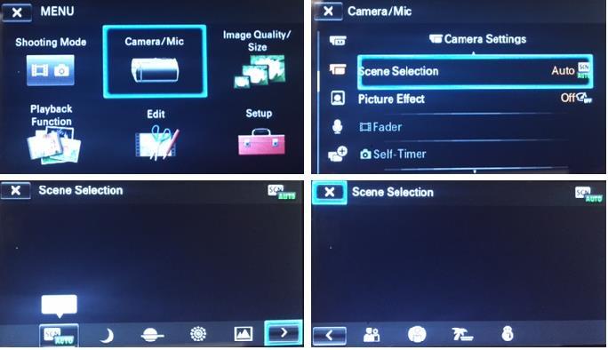 1) Select Camera/Mic 2) Select Scene Selection 3) Select Bottom right arrow 4) Leave on last screen This is an