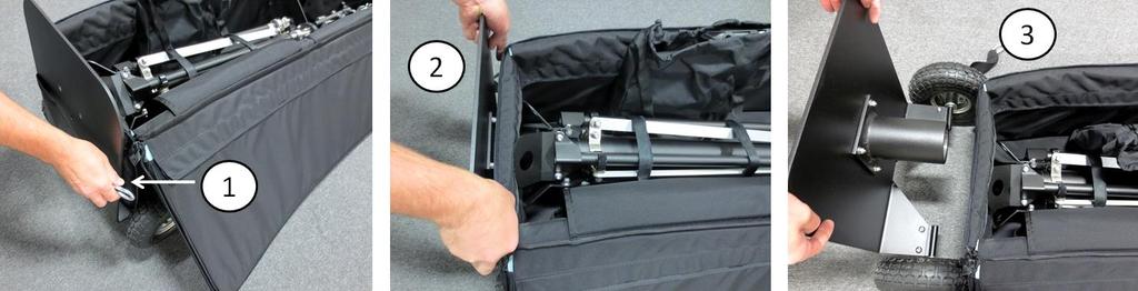 (3) Gently pull wheel plate from travel bag. (1) Place the wheel plate on the ground and put the tower into it.