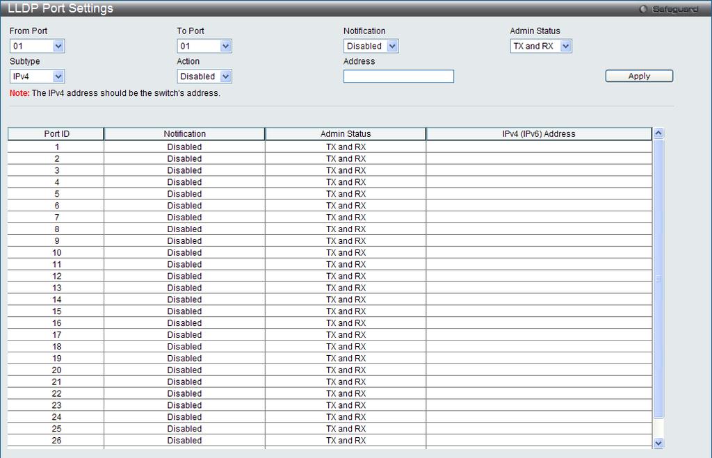 Figure 4-78 LLDP Port Settings window From Port / To Port Notification Admin Status Subtype Action Use the drop-down menu to select the ports used for this configuration.