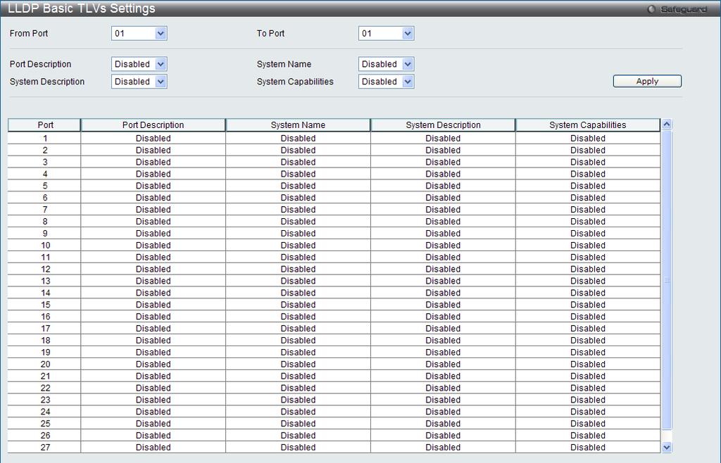 Figure 4-80 LLDP Basic TLVs Settings window From Port / To Port Select the port range to use for this configuration. Port Use the drop-down menu to enable or disable the Port option.