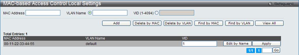 Figure 10-34 MAC-based Access Control Local Settings Edit by Name window To change the selected MAC address VID value, the user can click the Edit by ID button.