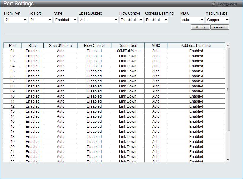 Figure 2-10 Port Settings window To configure switch ports: 1. Choose the port or sequential range of ports using the From Port and To Port drop-down menus. 2. Use the remaining drop-down menus to configure the parameters described below: From Port / To Port State Speed/Duplex Select the appropriate port range used for the configuration here.