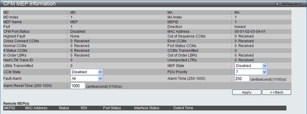 Figure 12-7 CFM MEP Information - Edit Window MEP State CCM State PDU Priority Fault Alarm Alarm Time (250-1000) Alarm Reset Time (250-1000) This is the MEP administrative state.