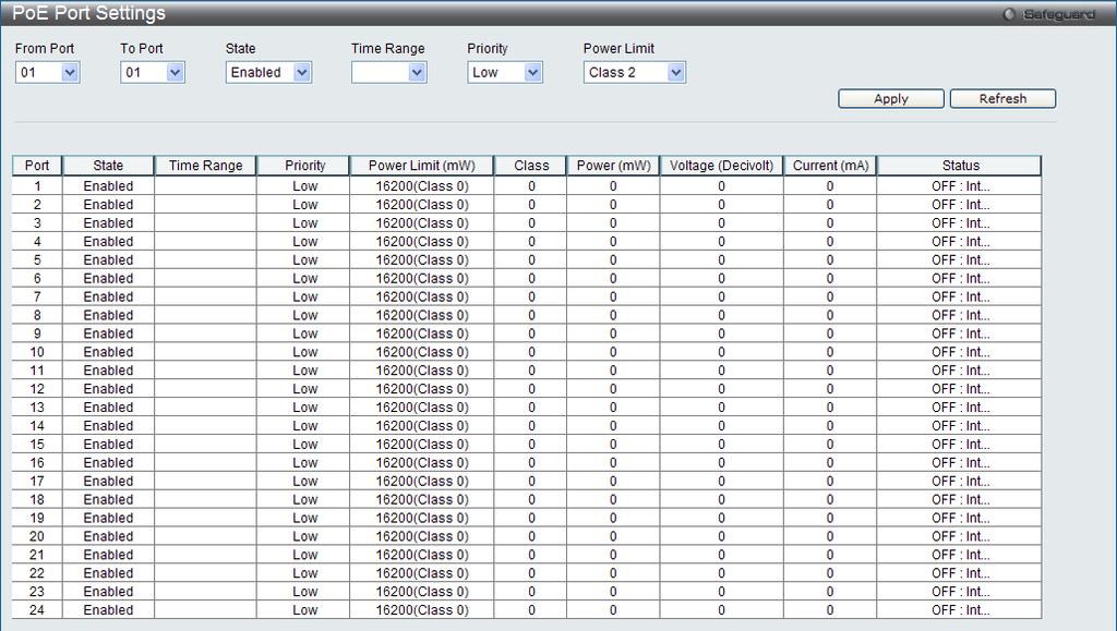 Figure 2-15 PoE Port Settings window The following parameters can be configured: From Port / To Port State Time Range Priority Power Limit Select a range of ports from the drop-down menus to be