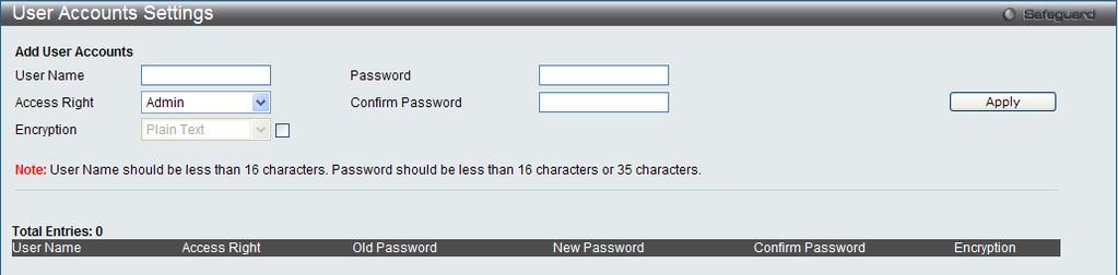 Figure 2-25 User Accounts Settings window To add a new user, type in a User Name and New Password and retype the same password in the Confirm New Password field.