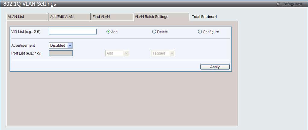 Figure 4-6 802.1Q VLAN Settings Find VLAN Tab window Enter the VLAN ID number in the field offered and then click the Find button. You will be redirected to the VLAN List tab.