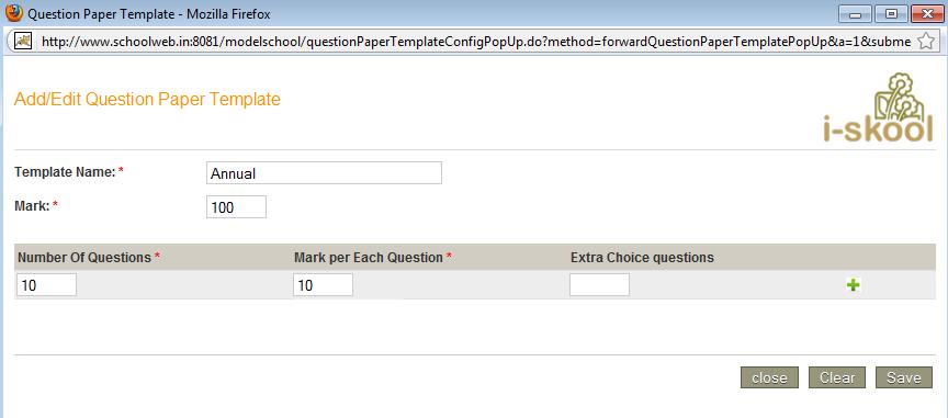 To add a new question paper template detail, click + Add New. The following screen is displayed: 4. Enter the Template Name. 5.