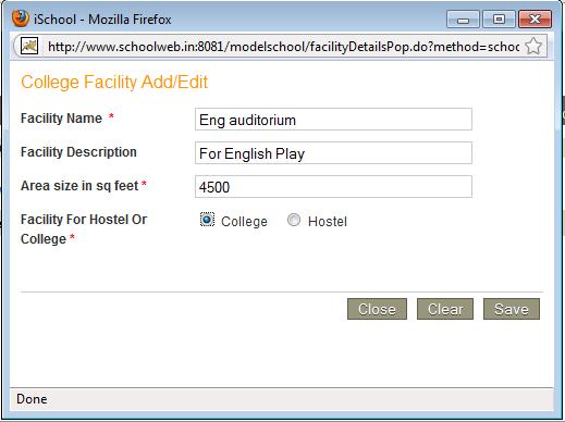 The following pop up is displayed: 4. These include details like Facility Name, Facility Description, Area Size in Sq.