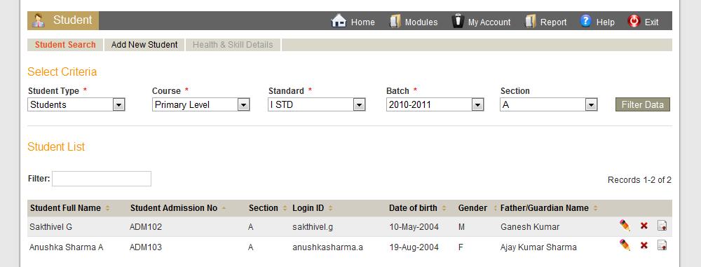 1. The Staff ID and Staff Name are pre- populated. 2. Select the Department from the drop down box. 3. The list of subjects available in the selected department is listed. 4.