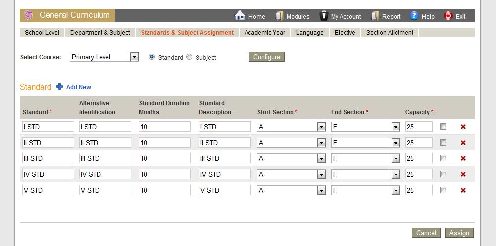 course. 1. Select the Course from the drop down menu. 2. To configure a Standard, Choose Standard and click.