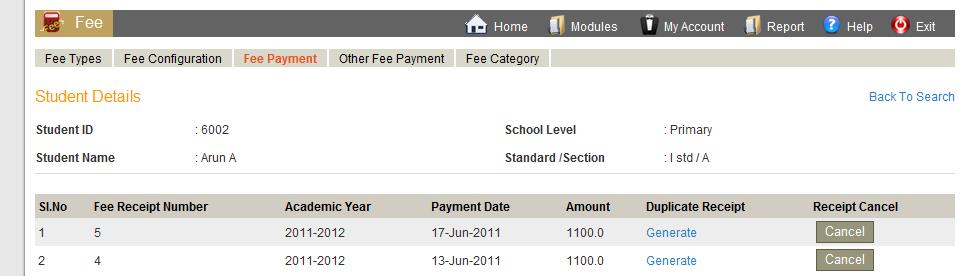 On click of Duplicate Receipt for any student, the following screen is displayed. 6.