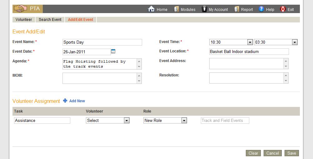 13.2 Add/ Edit Event In Add/ Edit Event sub- menu, the details of a new event like the event name, event location, event address etc entered. 1. Click Add/ Edit Event sub menu in the PTA module.